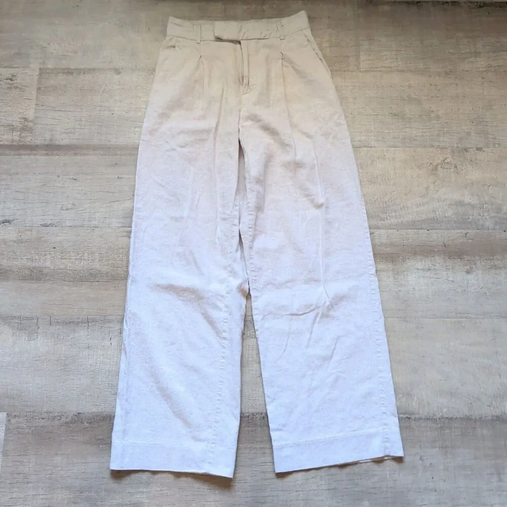 Banana Republic Wide Leg Linen Pants Pleated High Rise Cream Beige Petite 2